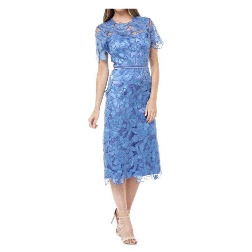JS Collections Laser Cut Blue Flower Illusion Midi Cocktail Dress Size 8